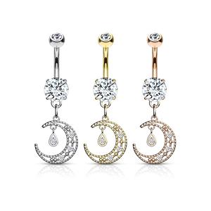 CRESCENT MOON CHARM DANGLE BELLY RING BARBELL