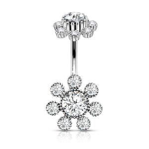 DOUBLE CRYSTAL  FLOWER BELLY BAR - 10MM