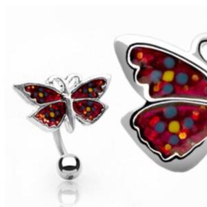 RED GLITTER REVERSE BUTTERFLY BELLY BAR