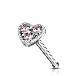 CUTE CRYSTAL FILLED LOVE HEART STRAIGHT PRONG NOSE STUD - 6MM