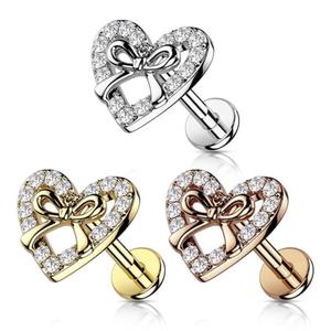 CRYSTAL LOVE HEART & RIBBON FLAT BACK LABRET STUD