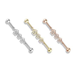 TRIPLE FLOWER DANGLE CHARM INDUSTRIAL SURFACE BARBELL / 38MM