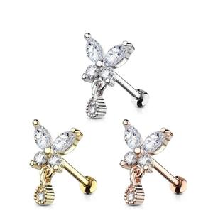 CRYSTAL BUTTERFLY & TEARDROP CHARM EAR BARBELL - 6MM