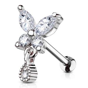 CRYSTAL BUTTERFLY & TEARDROP CHARM EAR BARBELL - 6MM