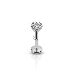 HEART KEY INTERNALLY THREADED 316L SURGICAL STEEL LABRET/MONROE WITH PRONG SET CZ STONES