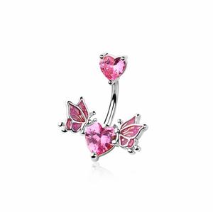 PINK DOUBLE CRYSTAL LOVE HEART & BUTTERFLY BELLY BAR - 10MM