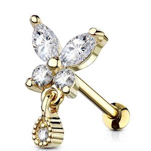 CRYSTAL BUTTERFLY & TEARDROP CHARM EAR BARBELL - 6MM