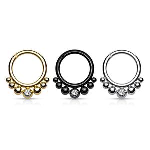 316L Surgical Steel Segment Hoop Rings with Graduated Balls and Bezel Set Crystal Center