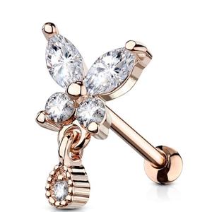 CRYSTAL BUTTERFLY & TEARDROP CHARM EAR BARBELL - 6MM