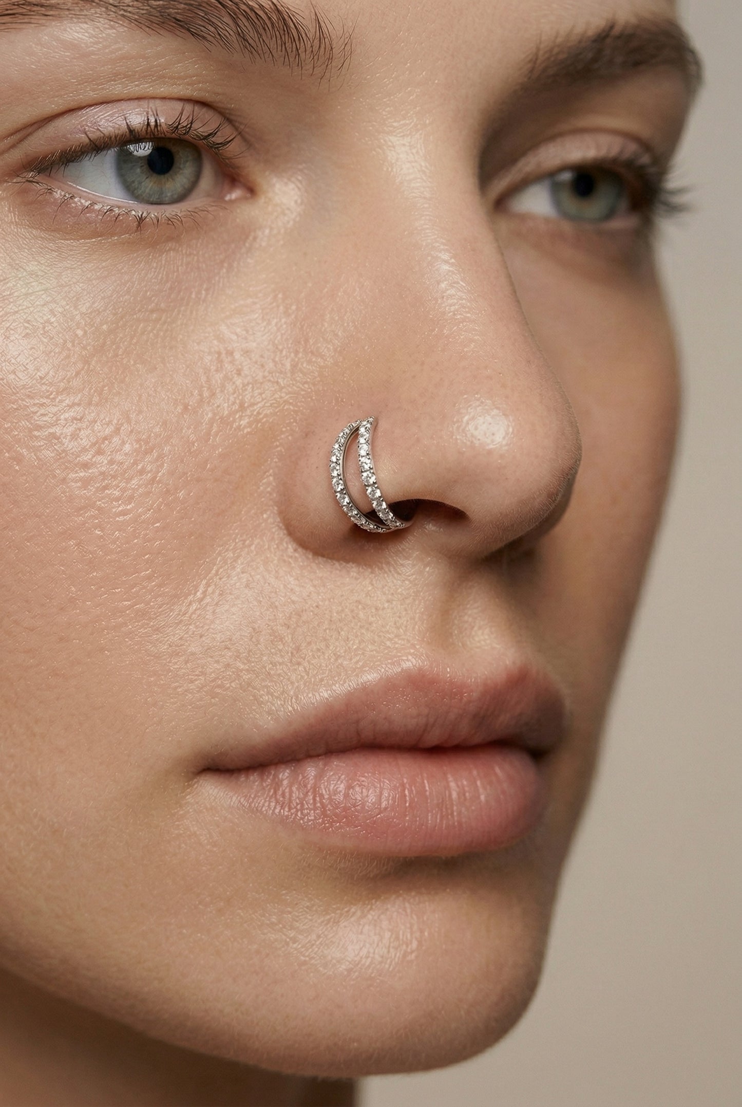 TITANIUM CRYSTAL DOUBLE LOOP NOSE RING - 8MM